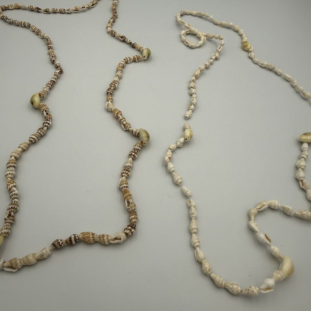 Lot of 2 Vintage Shell Strand Necklaces, No Clasp, Beachy Boho Hawaiian Cowrie